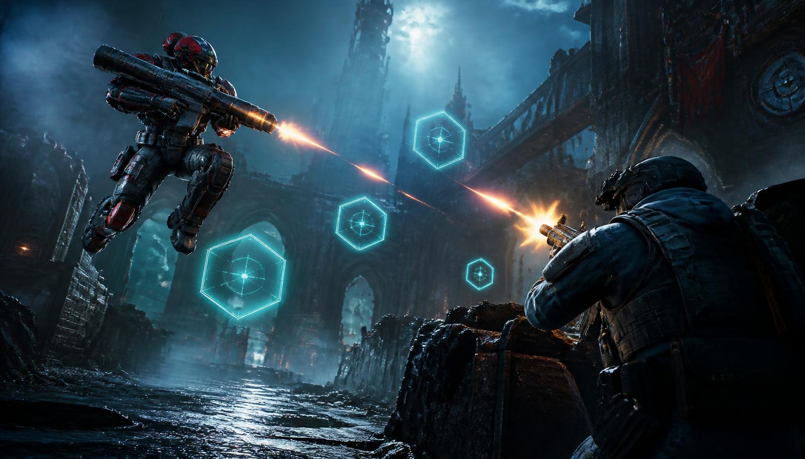 Armored arena warrior fighting a CS 1.6 operator in a ruined gothic map